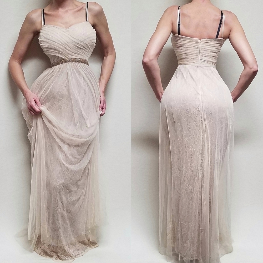 Vintage Y2K Simply Liliana Nude Lace Tulle Overlay Ruche Sweetheart Corset Dress